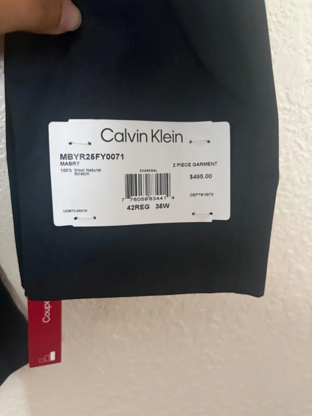 Calvin Klein Men's Slim Fit 100% Wool Charcoal Suit 42R